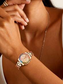 BIDEN Reloj de mujer elegante y de moda BIDEN, reloj de cuarzo para negocios y ocio, cronógrafo de 12/24 horas, calendario luminoso impermeable, caja multicolor, correa de acero inoxidable, reloj de mujer + caja