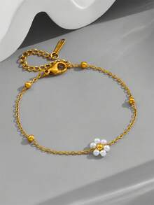 1 件简约可爱的 18K 镀金不锈钢手链，配有白色塑料花朵装饰，适合女士参加派对、约会或作为情人节礼物佩戴 - 金黃色 - 查看 4