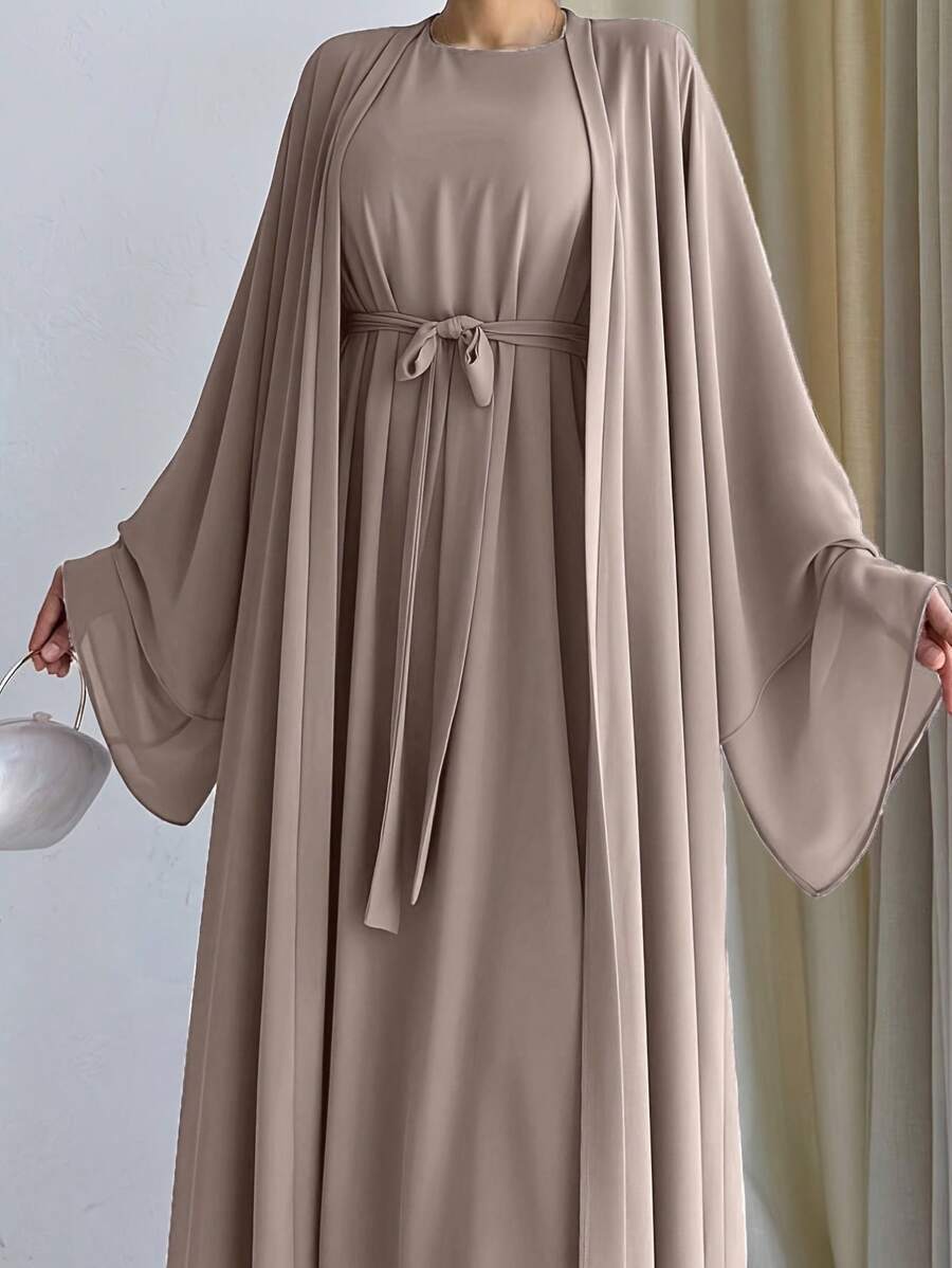 连衣裙和端庄长袍 Abaya 2 件套，带腰带，A035