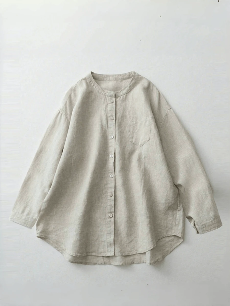 Women's Linen Blouse Shirt, Long Sleeve Crew Neck Button-Up Casual Comfortable Shirt, Suitable For Spring And Autumn Seasons