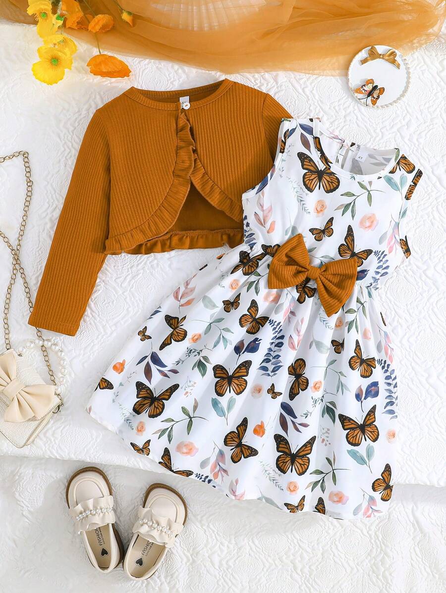 Conjunto de 2 piezas para niña de primavera/otoño, compuesto por una chaqueta con decoración de volantes emparejada con un elegante vestido sin mangas con estampado de mariposas, de diseño de moda