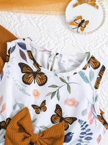 Conjunto de 2 piezas para niña de primavera/otoño, compuesto por una chaqueta con decoración de volantes emparejada con un elegante vestido sin mangas con estampado de mariposas, de diseño de moda - Marrón - Ver 7