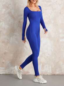 Women Fashion Wild Jumpsuits Solid Color Square Neck Long Sleeve Long Rompers Spring Autumn Fashion One-Piece Clothes - Blue - View 5