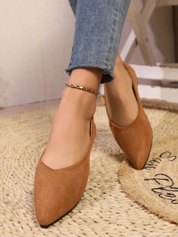 Brown Pointed Simple Flat Women's Shoes, Easy To Wear Comfortable, Elegant Style, Suitable For Summer Outdoor, Suede Valentines