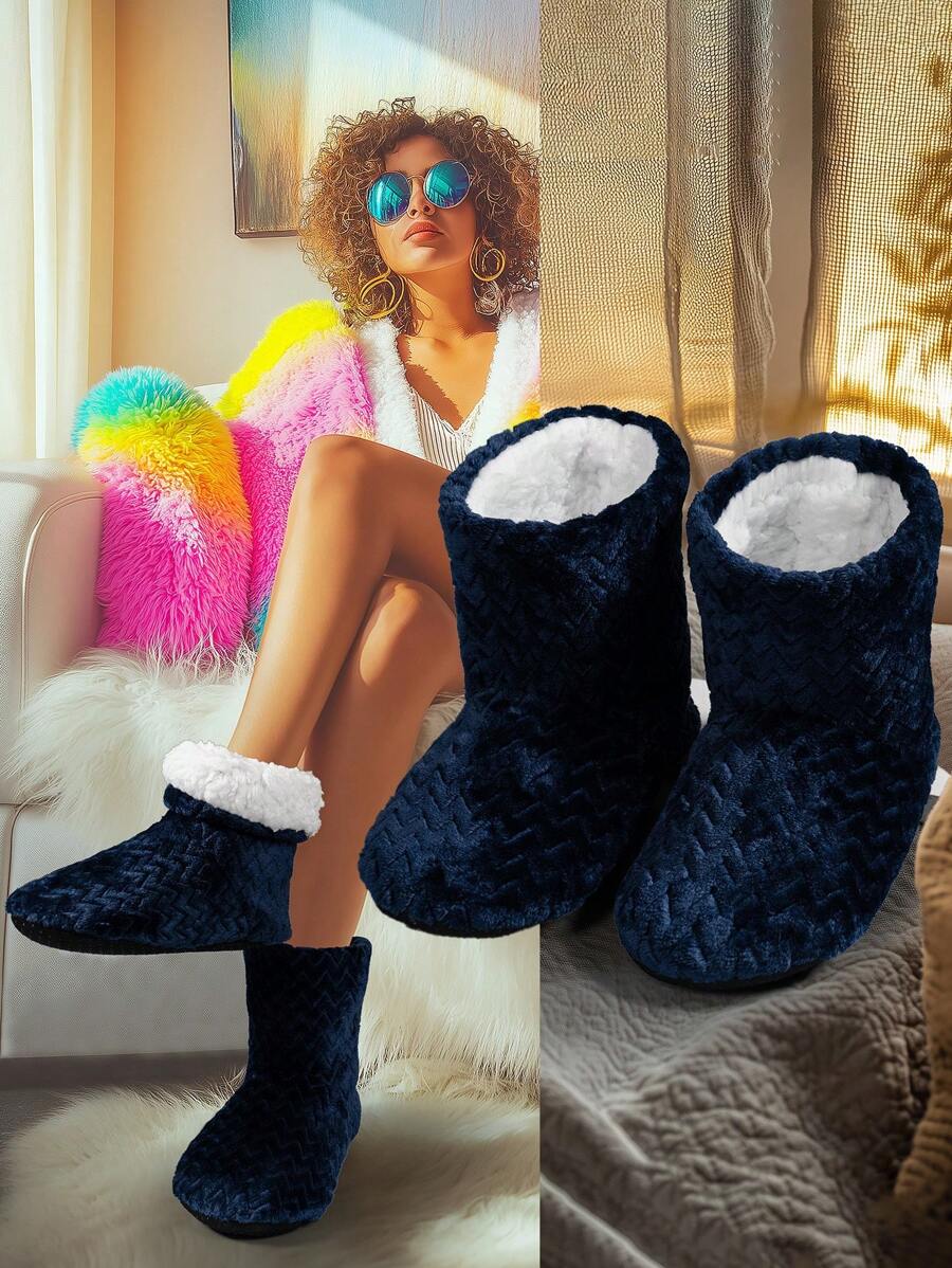 Women's Indoor Floor Boots House Slippers - Navy Blue - View 1