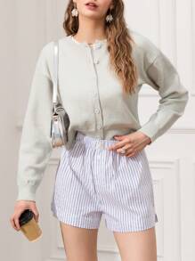 Women's Crop Knit Cardigan Solid Color Crew Neck Button Down Long Sleeve Tops For Fall Winter