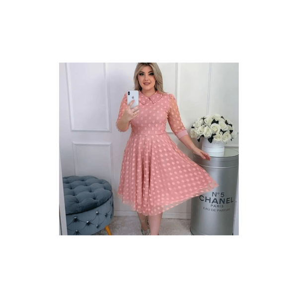 Vestido Tule Manga Bufante Com gola  Plus Size Moda Evangélica