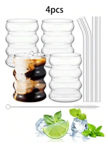 1pc/4pcs/8pcs 咖啡玻璃吸管杯、果汁杯、奶茶杯、冷饮杯、浓缩咖啡杯、条纹玻璃吸管、波浪杯、波浪形玻璃杯、冰咖啡杯、啤酒杯，非常适合鸡尾酒，适用于鸡尾酒、威士忌、饮料、牛奶，适用于家庭晚餐、酒吧和聚会、礼物