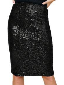 Women's High Waist Sparkly Sequins Midi Skirt Pencil Cocktail Party Skirt - 黑色 - 查看 3