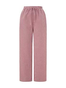 Women Wide Leg Pants Casual Loose Elastic Plaid Trousers With Pockets For Work Office Streetwear