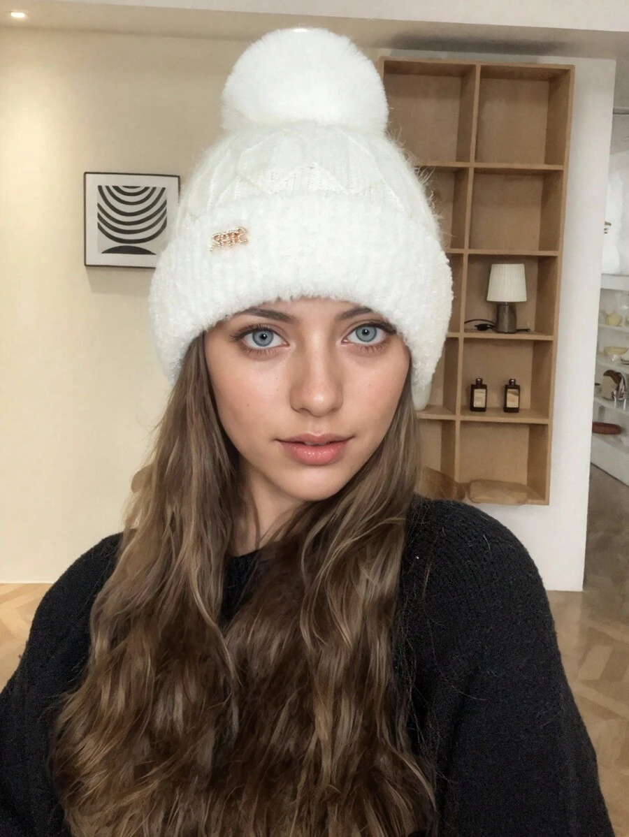 1pc Women's New Stylish Versatile Solid Color Fluffy Ball Logo Knitted Beanie, Winter Outdoor Warm Thick Earmuff Skullcap, Unisex Suitable For Daily Use Winter Christmas Beanie Hat