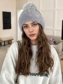 1pc Women's New Stylish Versatile Solid Color Fluffy Ball Logo Knitted Beanie, Winter Outdoor Warm Thick Earmuff Skullcap, Unisex Suitable For Daily Use Winter Christmas Beanie Hat