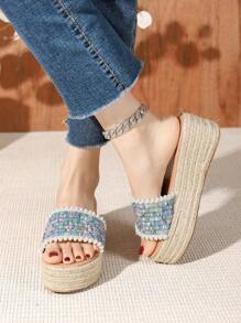Women's New Wedge Platform Slip-On Casual Fashion Comfortable Woven Straw Sole High Heel Sandals