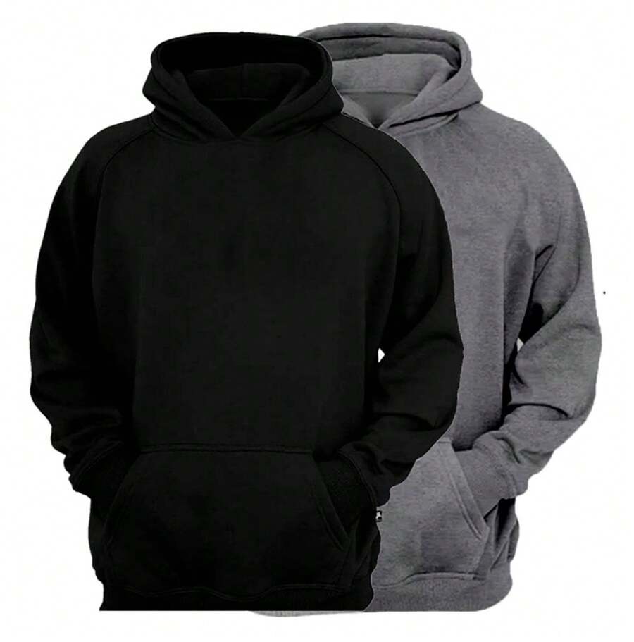 Kit 2 Unisex Kangaroo Sweatshirt Cold Weather Blouse Women's Men's Coat Plain Cotton Flannel Promo - 黑色 - 查看 1