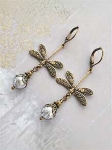 1 Paire De Boucles D'oreilles Crochets Pendentifs Style Bohémien Vintage Libellule & Perles Vertes Fausses Pour Femmes, Cadeau De Bijoux Pour Fêtes Et Voyages