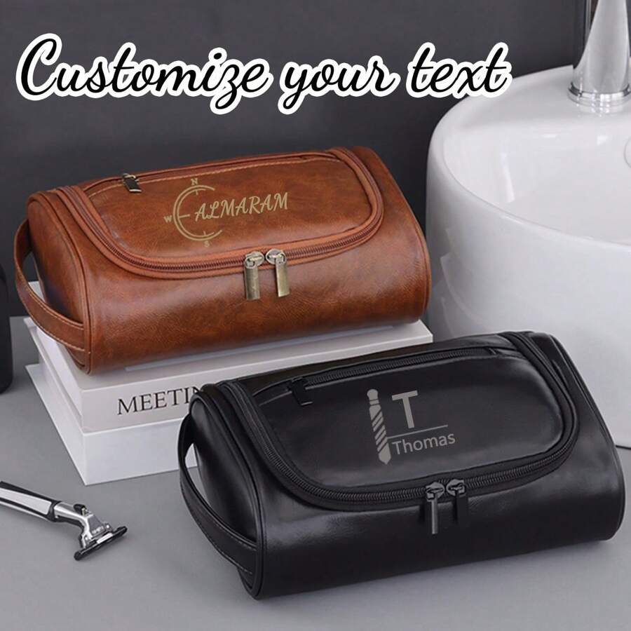 1 件定制雕刻男士仿皮旅行洗漱包带挂钩 - 防水防污，适合旅行和礼物，带侧手柄，适合圣诞节和情人节男士礼物，高端大容量防水便携式旅行洗漱包