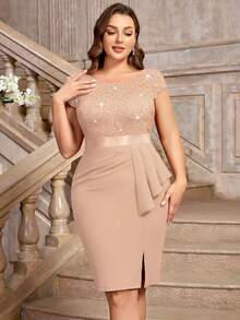 亮片蕾丝紧身胸衣荷叶边开衩大腿裹身裙摆鸡尾酒会修身连衣裙，情人节连衣裙，夏季连衣裙，晚宴连衣裙，毕业典礼连衣裙，生日礼服，婚礼宾客礼服，返校节礼服 - 香檳色 - 查看 6