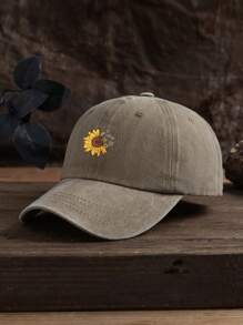 1 件男女通用户外休闲可调节棒球帽，带向日葵印花 - 卡其色 - 查看 2