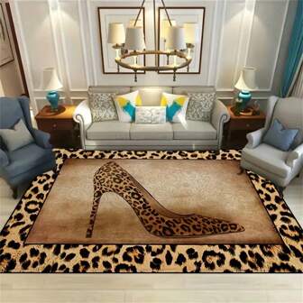 1pc Washable Non-Slip Waterproof Entryway Rug, Suitable For Living Room, Bedroom, Nursery, Outdoor Patio, Garden, And Home Decoration, Area Rug, Leopard Print, With Central Framed Leopard Print High Heel Shoes Design ,Room Decor