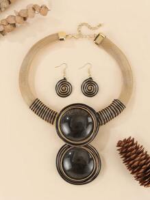 Handmade Aluminum Wire Wrapped Faux Gemstone Round Cabochon Boho Vintage Chic Luxurious Earrings + Necklace Set - Multicolor - View 6