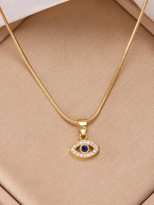 1 pieza Collar con colgante de ojo turco de mujer con cadena de cobre, cuentas de zirconia y diseño de serpiente, accesorio de joyería de moda para fiesta y suerte como regalo