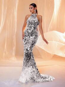 Silver Sleeveless Backless Sequin Floor Length Evening Gown, Party Dress, Wedding Guest Dress, Formal Dress, Evening Dress Spring Elegant - Silver - View 3