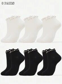 1 par/5 pares/6 pares Calcetines de tobillo con estampado de perlas para mujer, calcetines casuales de algodón cálidos, suaves y transpirables, adecuados para diario, hogar, oficina, escuela, deporte, decorados con lindos patrones de estrellas, lunas y corazones, apropiados para primavera/verano