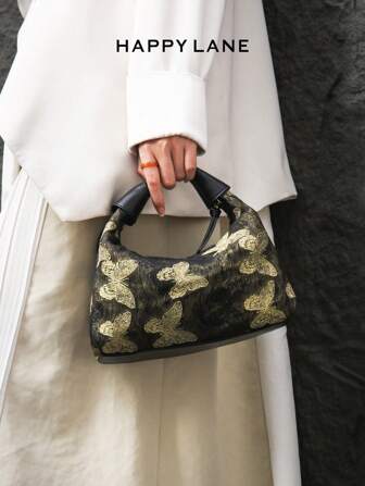  HAPPY LANE 奢华刺绣花卉复古风格手提包，黑色背景上点缀着红色、黄色和白色精致花朵 - 时尚宽手柄配金属扣，非常适合日常、聚会和旅行，轻巧大容量手提包，百搭复古魅力，追求优雅个性的女性的理想之选，适合任何场合，展现独特的时尚品味，优雅、奢华的女士包