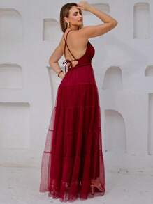 Long Party Dress With Braided Waist For Bridesmaids, Graduation, Guest. - 紅木色 - 查看 2