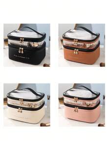 1 Piece Double Layer Large Capacity Cosmetic Bag Transparent Solid Color Toiletry Bag Portable Large Capacity Travel Cosmetic Storage Bag Beauty Tool Storage Bag Storage Cosmetic Storage Box Cosmetic Box Make Up Bag - Multicolor - View 9