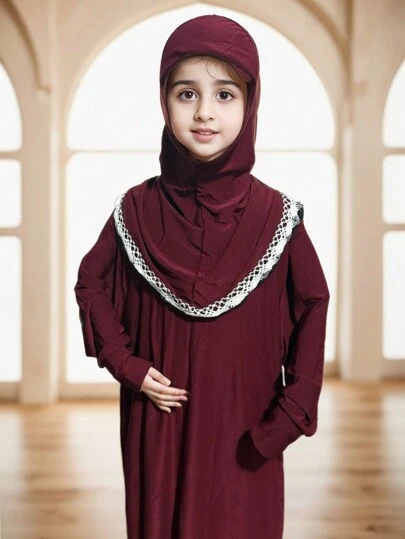 Girls/Children's Red Crystal Linen Large Shawl, Headscarf With Lace Trim, Elastic & Comfortable, Suitable For Everyday Wear. Muslim/Arab Style Lace Headcover For Girls, Teens, Girl - Red Color