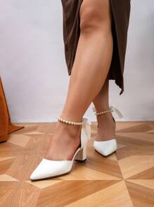 宽版白色珍珠链装饰镂空厚底粗跟女式高跟鞋，适合日常穿着、宴会、聚会、时尚 - 珍珠数量随机（后面的领结可移动且可调节，方便灵活穿着） - 白色 - 查看 5