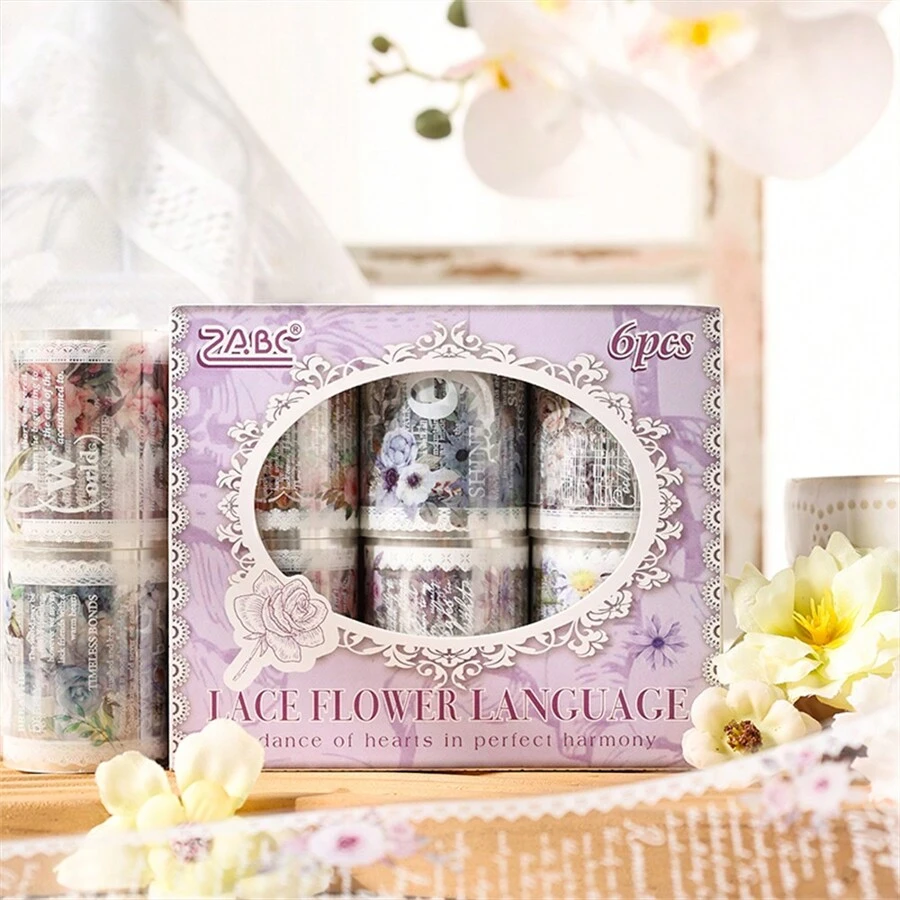 6 卷/盒，蕾丝花主题防水胶带礼品盒、剪贴簿、日记、手机壳拼贴装饰精致蕾丝花系列贴纸胶带