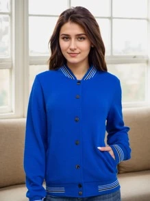 Women's Lightweight Baseball Jacket - Versatile Stitching Fabric Outerwear With Multi-Fabric Options And Unique Patterns - 藍色2 - 查看 1