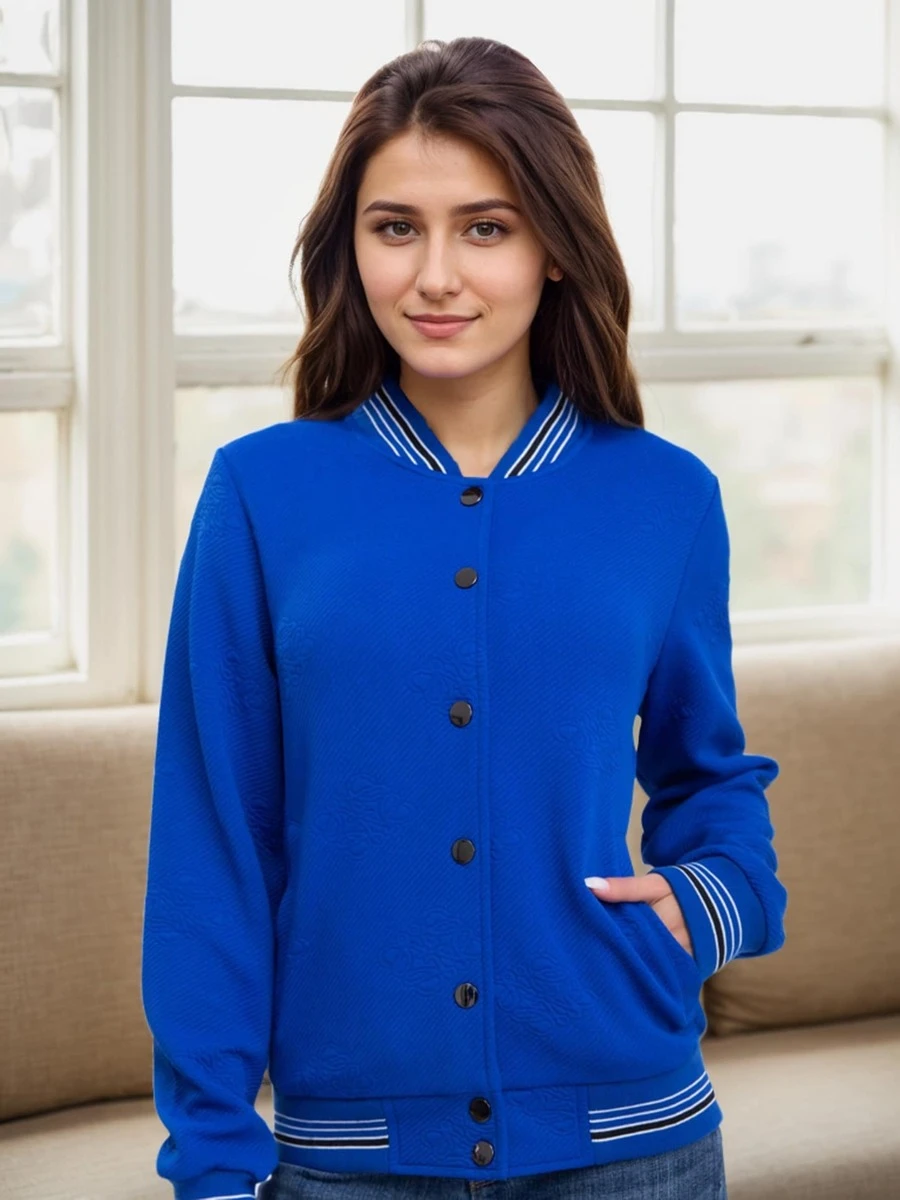 Women's Lightweight Baseball Jacket - Versatile Stitching Fabric Outerwear With Multi-Fabric Options And Unique Patterns - 藍色2 - 查看 1