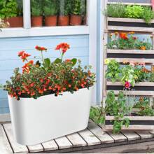 Tall Oval Planter For Outdoor Patio/Porch, Plastic Planter Of 2, Durable, All-Weather With Removable Insert Bucket, Modern Design For Plants, Flowers, Garden, White - White - View 4