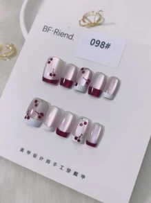 情人节美甲 10 件情人节按压式美甲爱情法式美甲花朵蝴蝶结圆点钻美甲套装假指甲，新款 2025 美甲用品美甲 - 彩色 - 查看 15