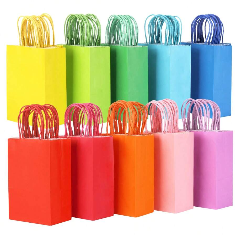 Tomnk 100pcs Paper Gift Bags, 10 Colors Goodie Bags, Kraft Paper Gift Bags With Handles, 5.2"X3.3"X8" Party Favor Bags With Handles For Birthday Party And Show Shopping And Party Supplies, For Wedding, Birthday, Mother's Day, Spring Decor - 彩色 - 查看 1