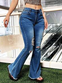 Women's High Waisted Elastic Distressed Flared Jeans With Frayed Hem, Casual Slim Fit Jeans - 深色水洗藍 - 查看 6