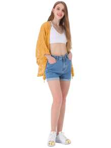 Womens Long Embroidered Lace Kimono Cardigan With Half Sleeves - Yellow - View 3