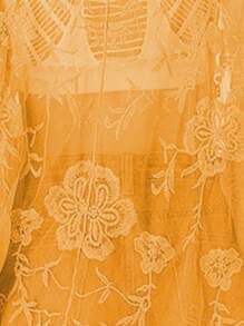 Womens Long Embroidered Lace Kimono Cardigan With Half Sleeves - Yellow - View 6
