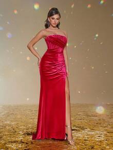 Smilprince Vestido de noche largo de satén rojo elegante sin tirantes con abertura alta, vestido tubo de graduación, vestido formal para invitado de boda, graduación, cena - Rojo - Ver 7