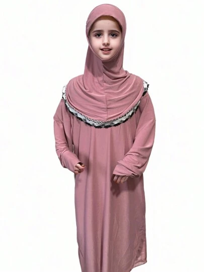 Pink Crystal Linen Abaya, Headscarf, Lace Edge, For Girls & Children, Printed Elastic & Comfortable, Wide & Long Hem, Suitable For Daily Outings, Homewear Arabian Lace Headscarf, Muslim Girls & Teenagers Pink Hijab, Scarf, Muslim Knit Turban Cap, Handmade Elastic Hijab Caps For Girl, Malaysia & Indonesia Style