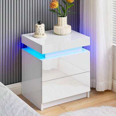 CLIPOP Mesita de noche con 2 cajones, con luces LED, alto brillo, con bandeja superior, mueble de almacenaje, mesita de noche para dormitorio