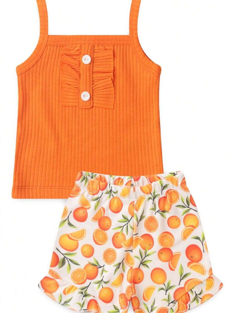 Ame Kids Girls' Button-Down Blouse And Ribbed Shorts Set - 橘色 - 查看 1
