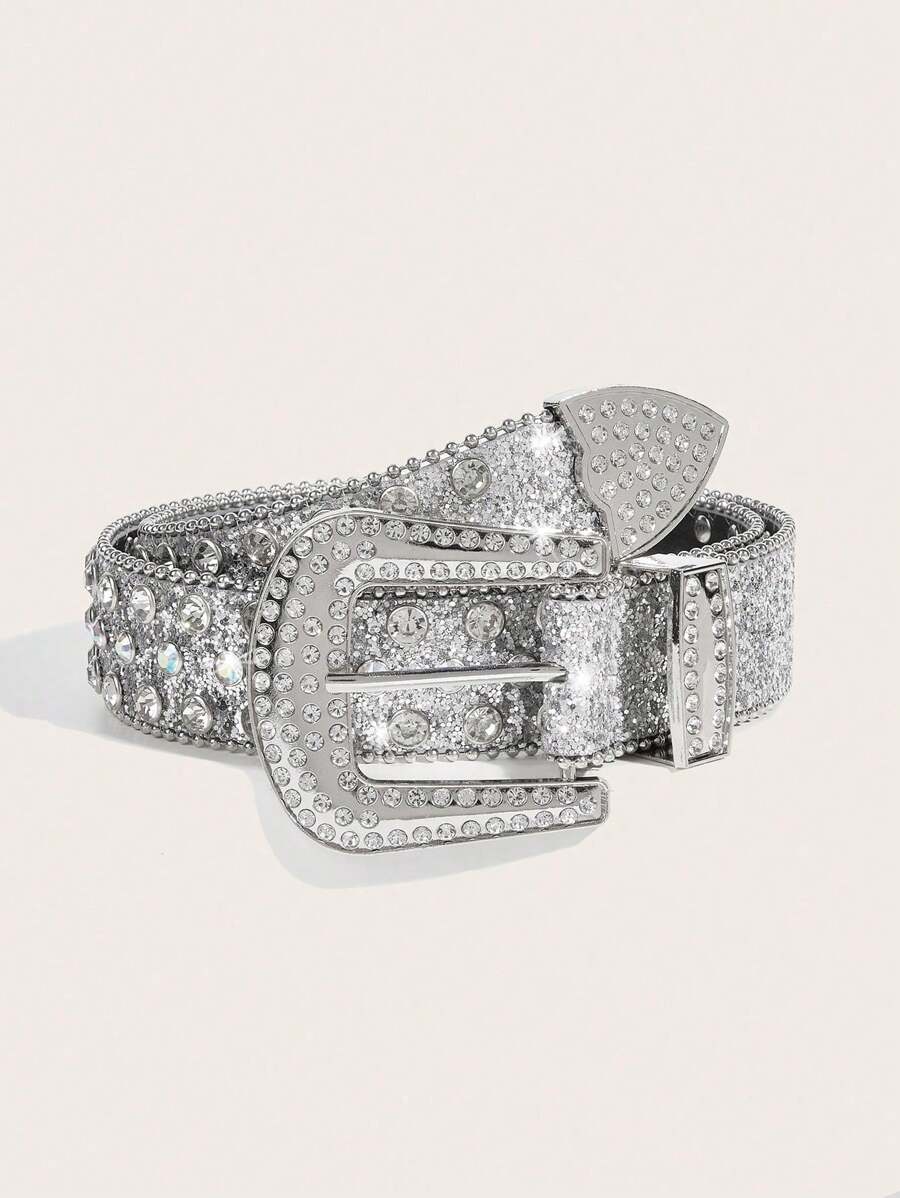 1 pièce Ceinture de style western à strass pour femmes, convient pour les occasions décontractées, les fêtes et les rassemblements en été, à l'école en automne, à l'automne et pour Halloween - Argent - Voir 1