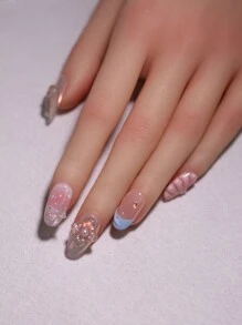 10 uñas postizas ovaladas cortas reutilizables con diseño de flor 3D y patrón de cinta en múltiples colores de caramelo, hechas a mano, con decoraciones de lazos para diseños de arte de uñas para mujeres y niñas en todas las estaciones