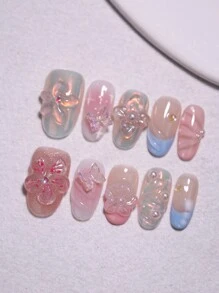 10 uñas postizas ovaladas cortas reutilizables con diseño de flor 3D y patrón de cinta en múltiples colores de caramelo, hechas a mano, con decoraciones de lazos para diseños de arte de uñas para mujeres y niñas en todas las estaciones