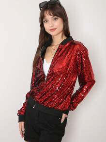 Chaqueta de manga larga con cremallera frontal y puños acanalados, con lentejuelas, para mujer, ideal para fiestas - Burdeos - Ver 3