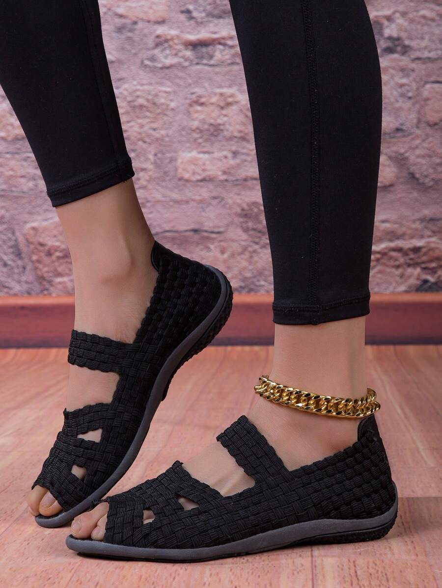 Women's Handmade Crochet Hollow Elastic Band Sandals, Open Toe Breathable Non-Slip Comfortable Flat Casual Shoes, Fashionable Versatile Sneakers For Work - Black - View 1